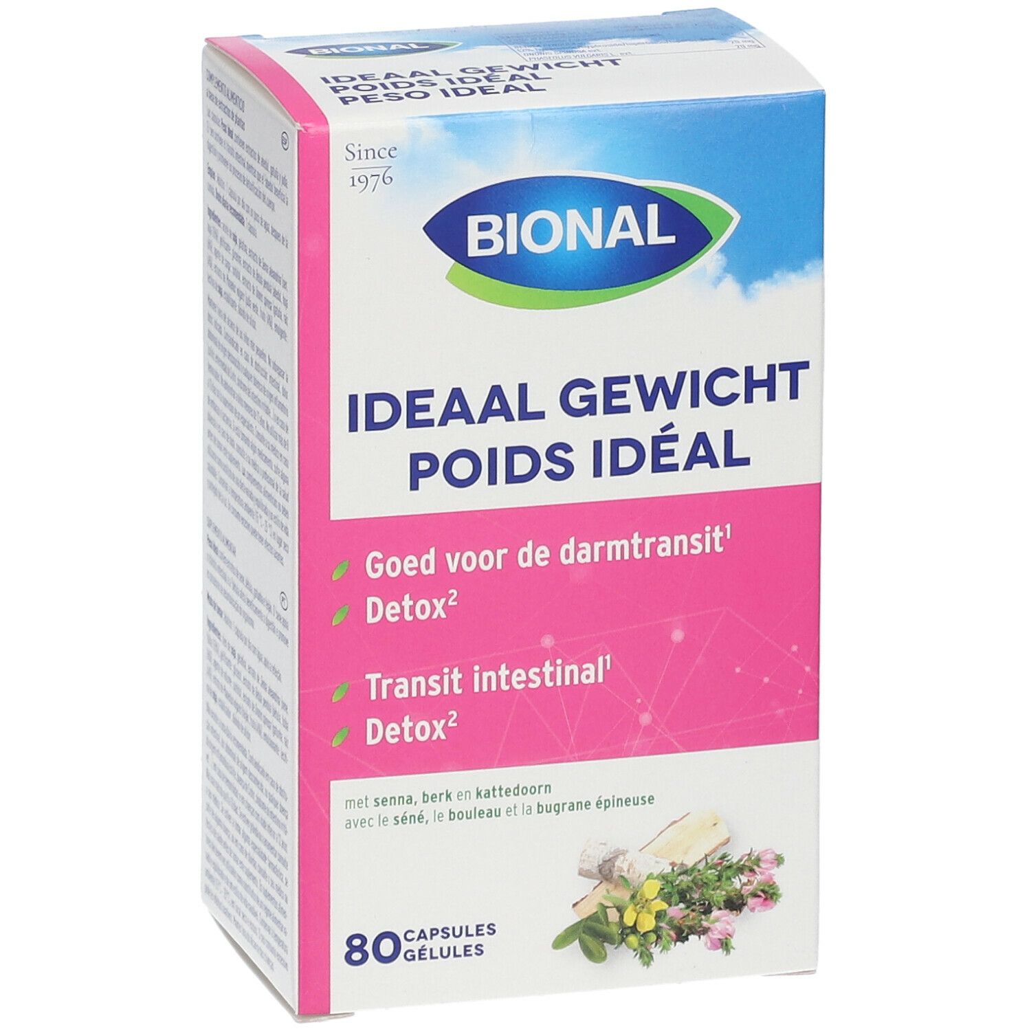 Bional verpakking. Opschrift: 'Ideaal gewicht Poids idéal'. Bevat 80 capsules. Met ingrediënten en bloemen illustraties.