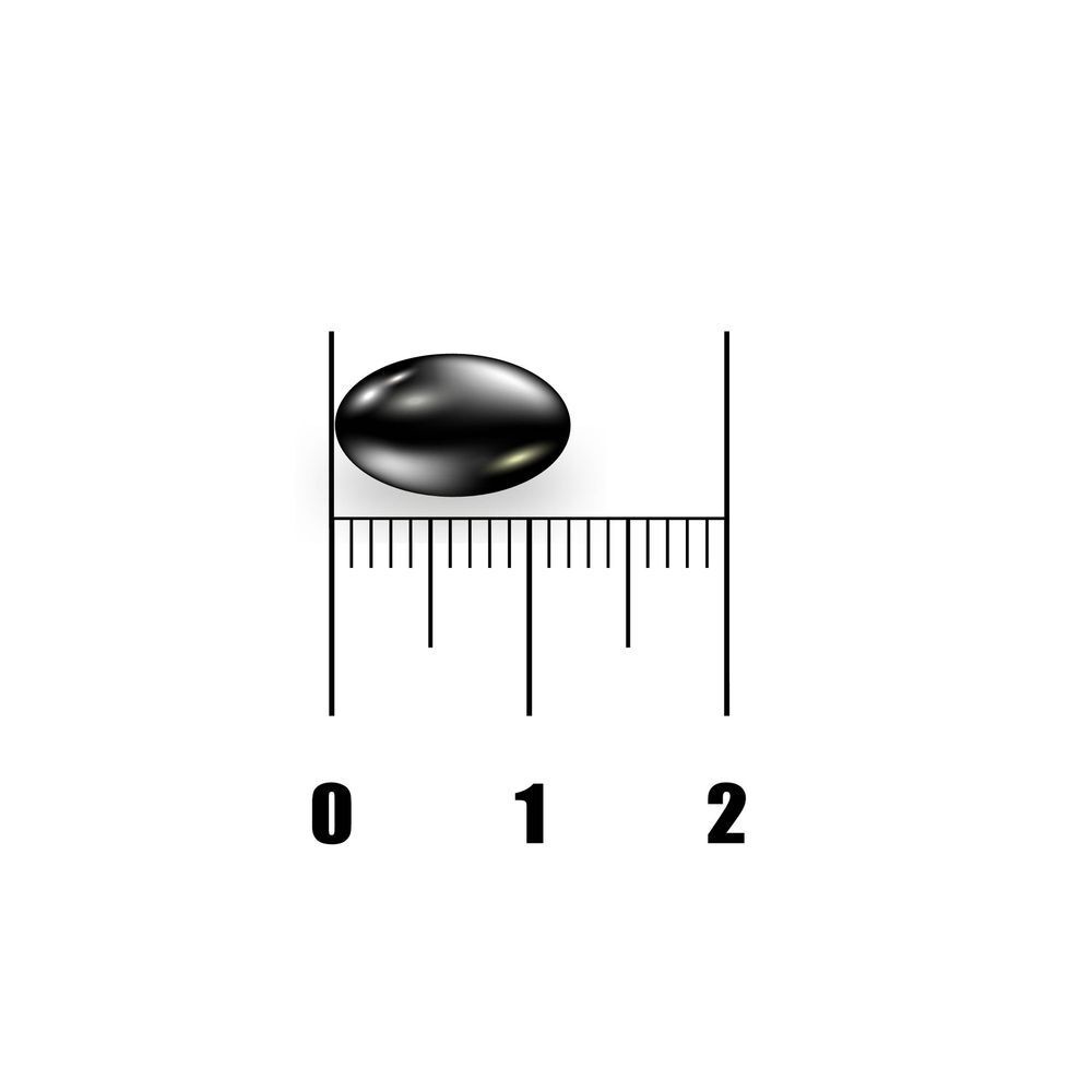 Capsule. Zwarte, ovale capsule op witte achtergrond. Met maat indicaties.