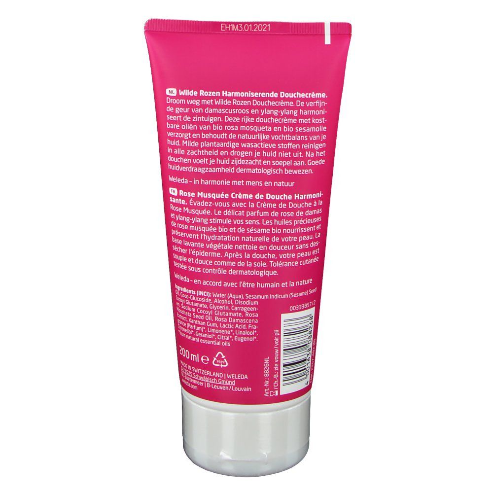 Dos du tube. Texte en plusieurs langues. Ingrédients et certifications. Indication de volume 200 ml. Code-barres et informations fabricant.