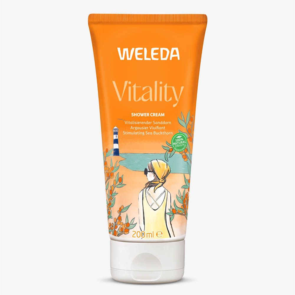 Tube orange avec nom du produit et illustration. Logo Weleda. Certification cosmétique naturelle.