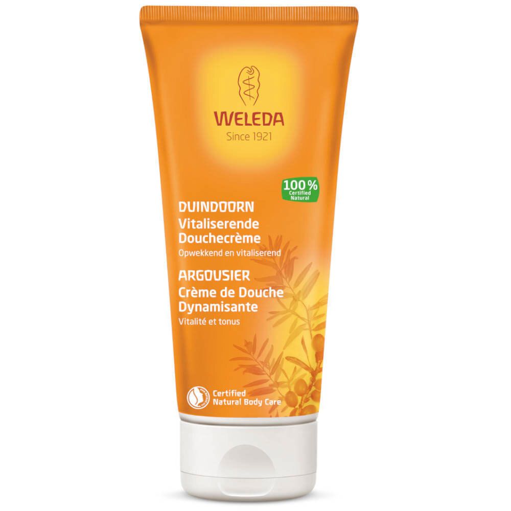 Tube orange avec nom du produit et ingrédients. Logo Weleda. Certification cosmétique naturelle.