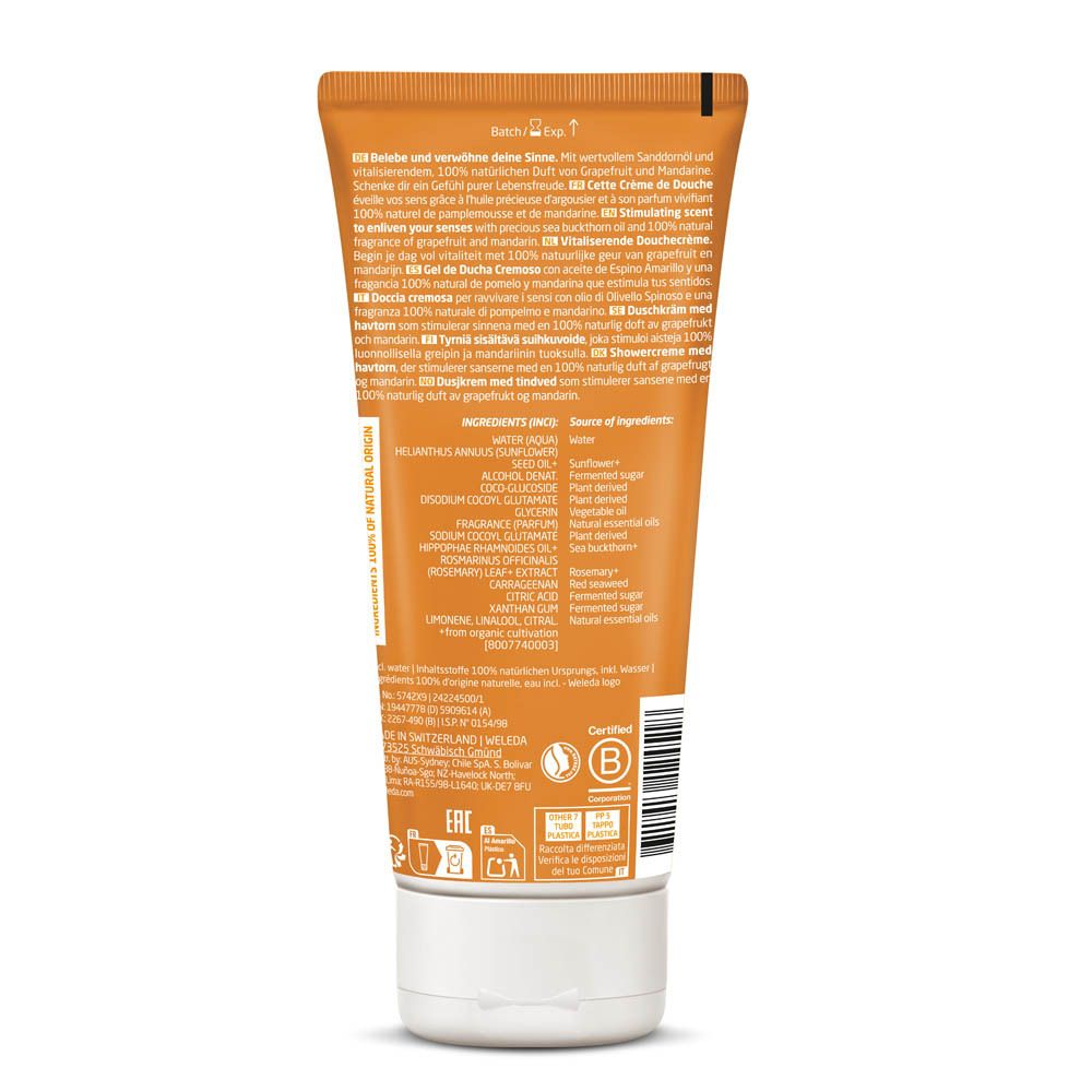 Dos d'un tube orange. Texte en plusieurs langues. Ingrédients et certifications.