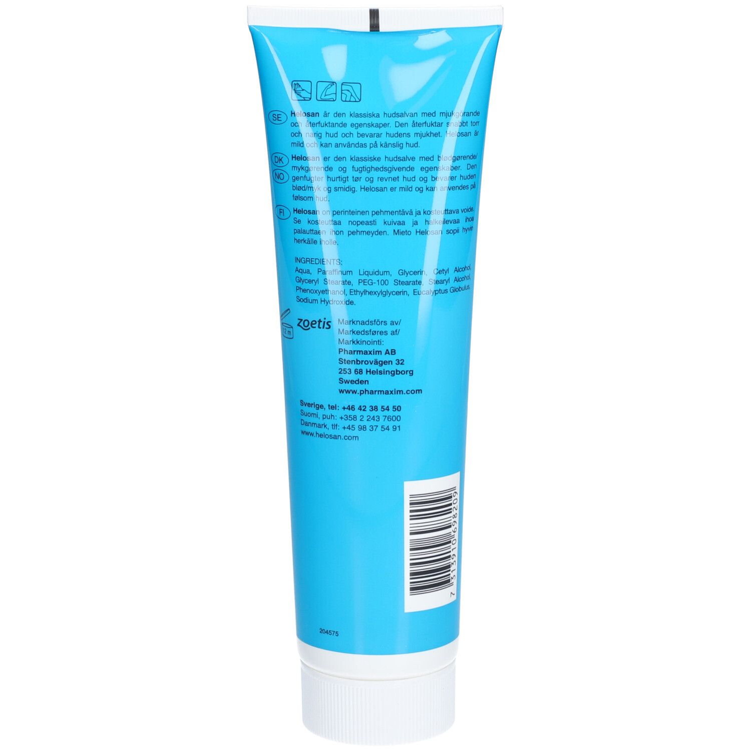 Dos d'un tube bleu clair avec bouchon blanc. Texte en plusieurs langues. Ingrédients et informations du fabricant.