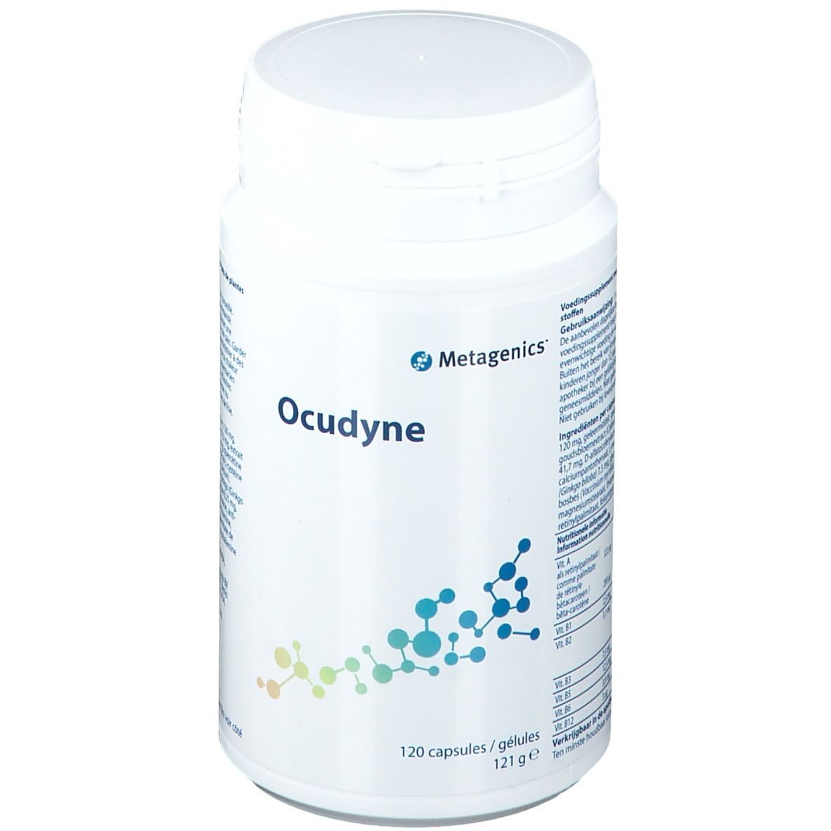 Flacon blanc "Ocudyne". 120 gélules. Marque Metagenics. Graphique bleu et vert.