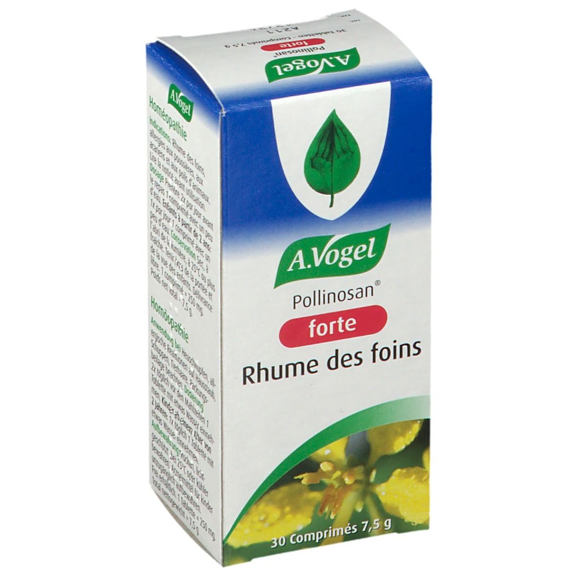 Kartonnen verpakking met logo en productnaam. Bevat 30 tabletten. Opschrift: Pollinosan forte Rhume des foins.