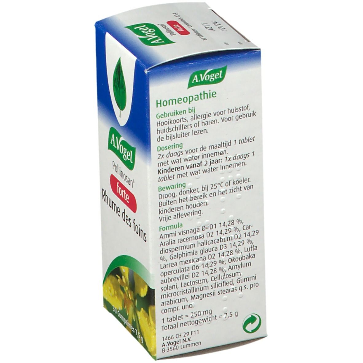 Achterkant van de kartonnen verpakking. Bevat informatie over ingrediënten, dosering en opslag. Tekst in het Nederlands.