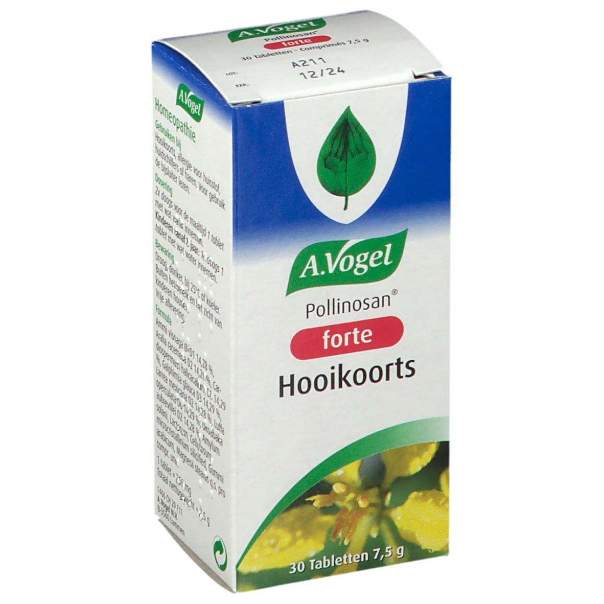 Kartonnen verpakking met logo en productnaam. Bevat 30 tabletten. Opschrift: Pollinosan forte Hooikoorts.