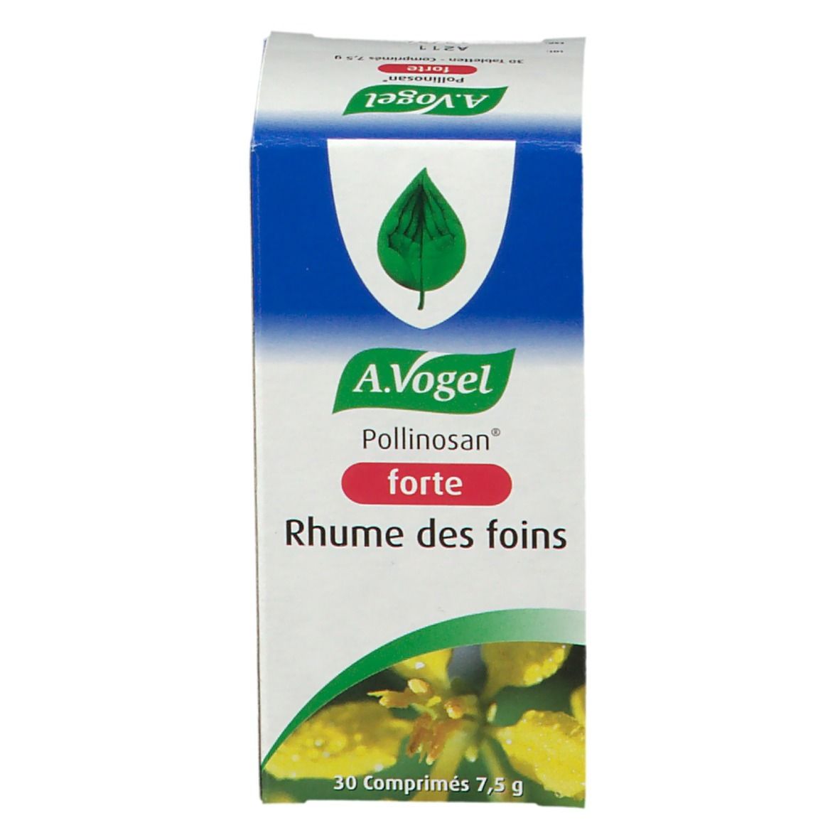 Kartonnen verpakking met logo en productnaam. Bevat 30 tabletten. Opschrift: Pollinosan forte Rhume des foins.