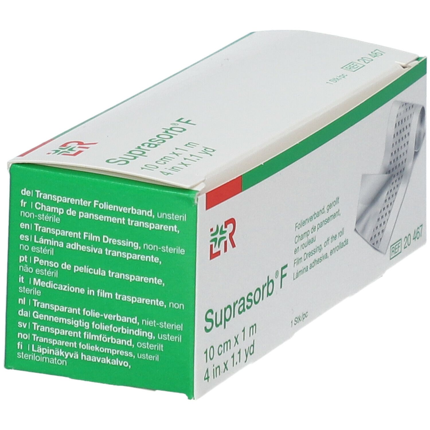 Emballage de Suprasorb F, 10 cm x 1 m. Informations produit multilingues. Taille et fabricant visibles.