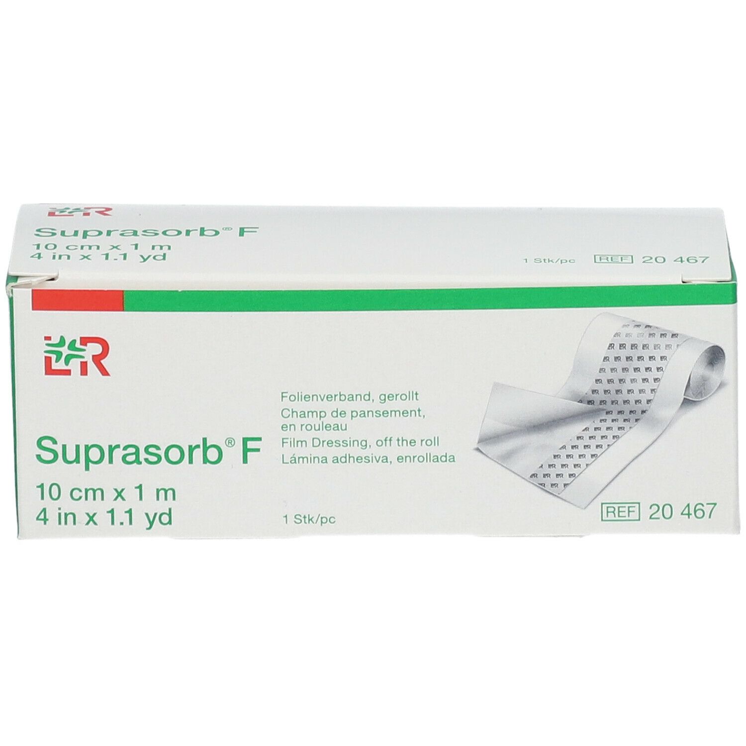 Emballage de Suprasorb F, 10 cm x 1 m. Pansement film, en rouleau. Nom et taille du produit visibles.