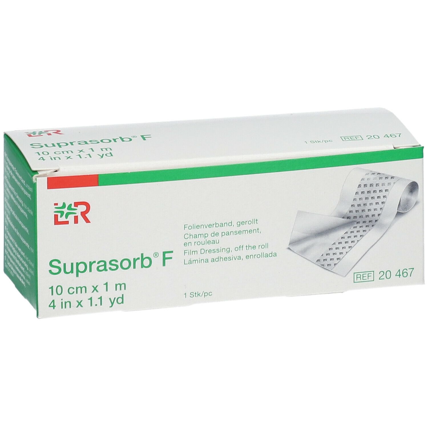 Emballage de Suprasorb F, 10 cm x 1 m. Pansement film, en rouleau. Nom et taille du produit visibles.