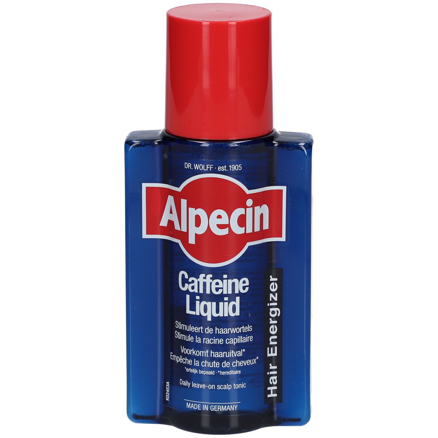 Blaue Flasche mit rotem Deckel. Aufschrift: Alpecin Caffeine Liquid. Enthält Text in Deutsch, Französisch, Niederländisch und Englisch.