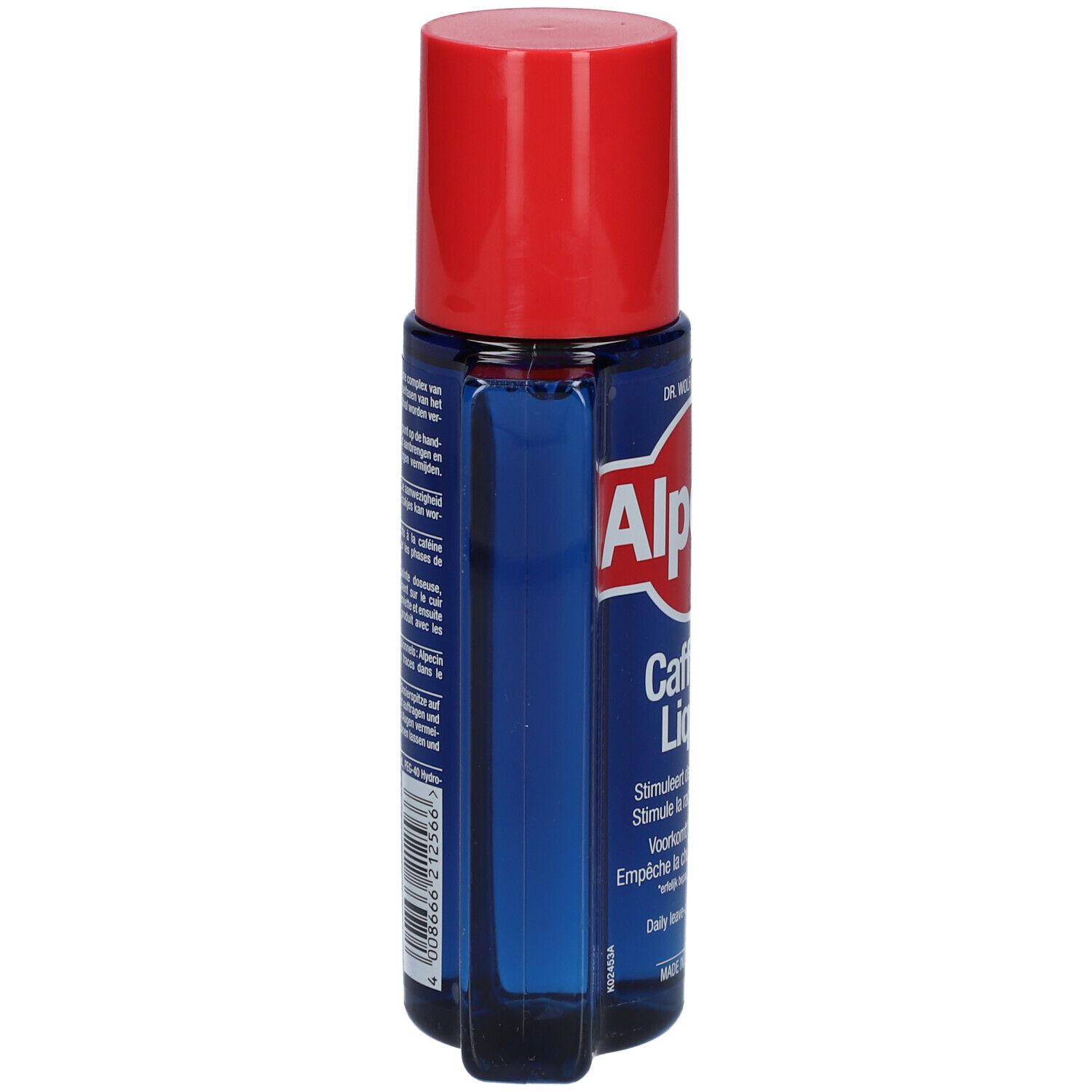 Blaue Flasche mit rotem Deckel. Seitenansicht. Aufschrift: Alpecin Caffeine Liquid. Text in mehreren Sprachen.