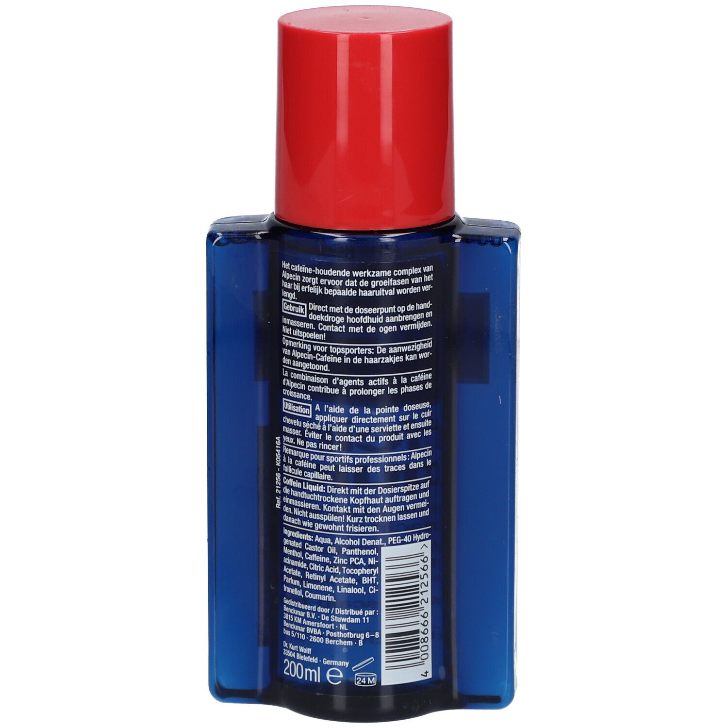 Rückseite einer blauen Flasche mit rotem Deckel. Text in mehreren Sprachen, darunter Deutsch, Französisch und Niederländisch.