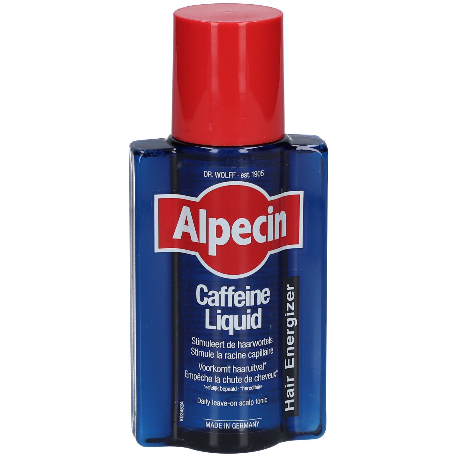 Blaue Flasche mit rotem Deckel. Aufschrift: Alpecin Caffeine Liquid. Text in Deutsch, Französisch, Niederländisch und Englisch.