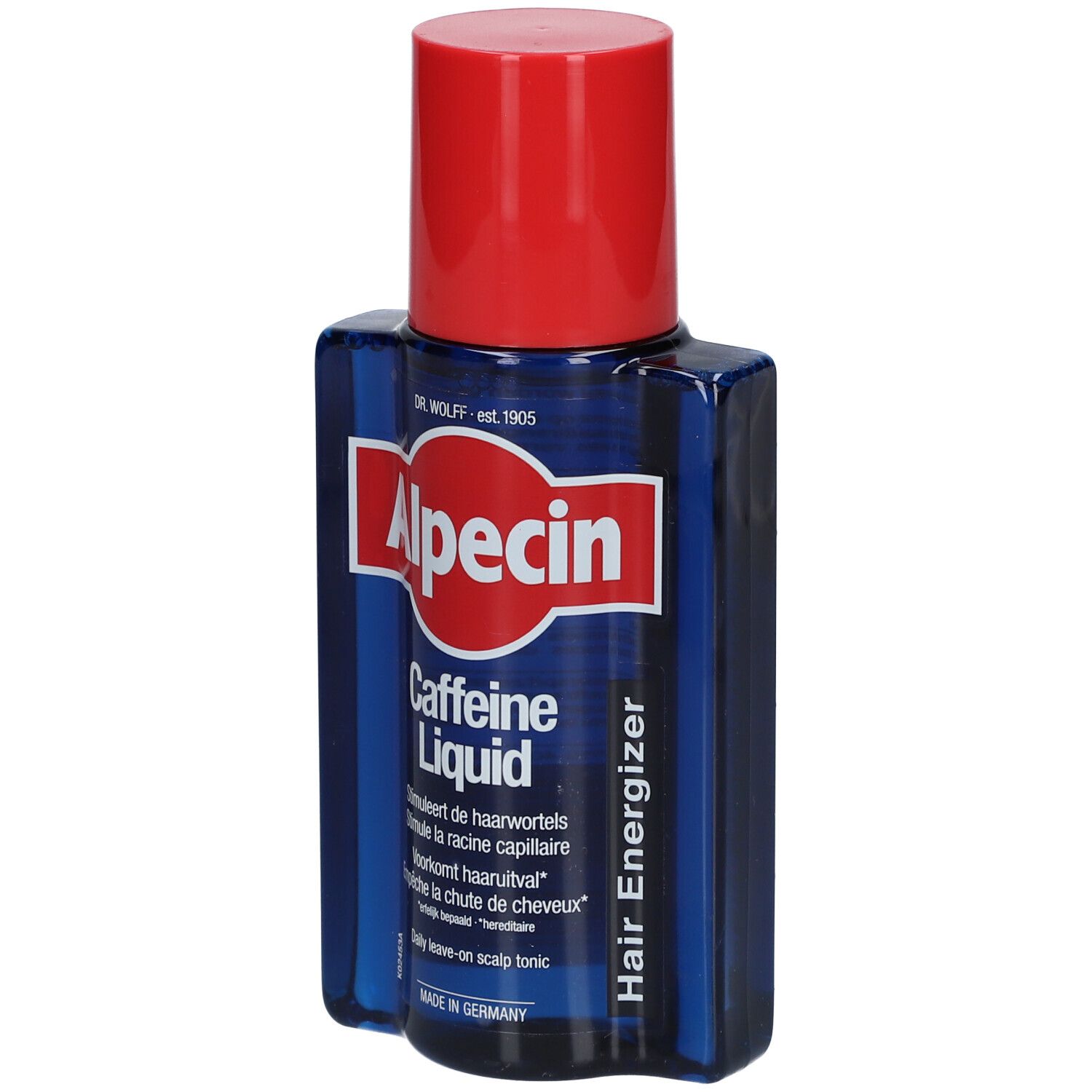 Blaue Flasche mit rotem Deckel. Aufschrift: Alpecin Caffeine Liquid. Text in Deutsch, Französisch, Niederländisch und Englisch.