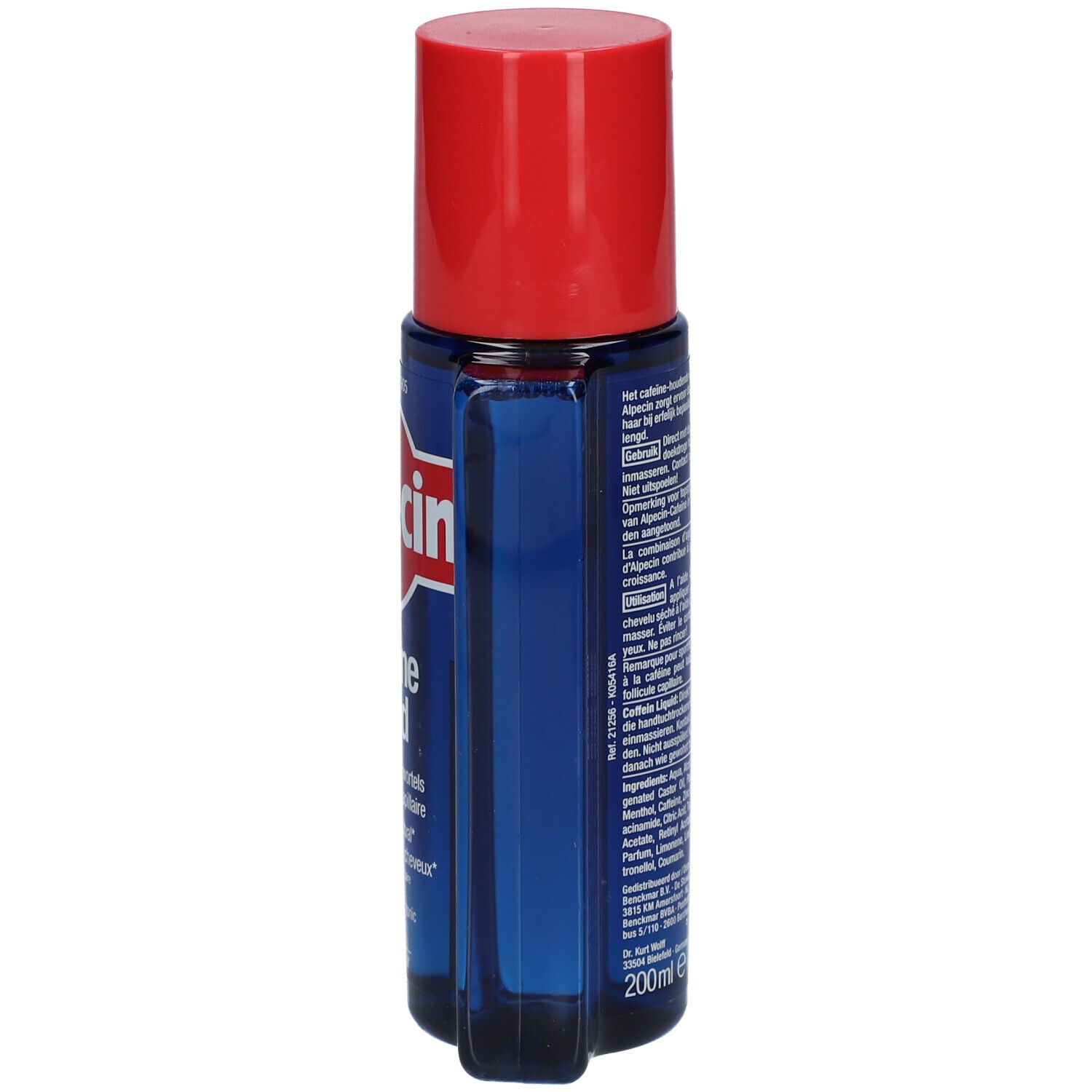 Rückseite einer blauen Flasche mit rotem Deckel. Text in mehreren Sprachen, darunter Deutsch, Französisch und Niederländisch. 200ml.