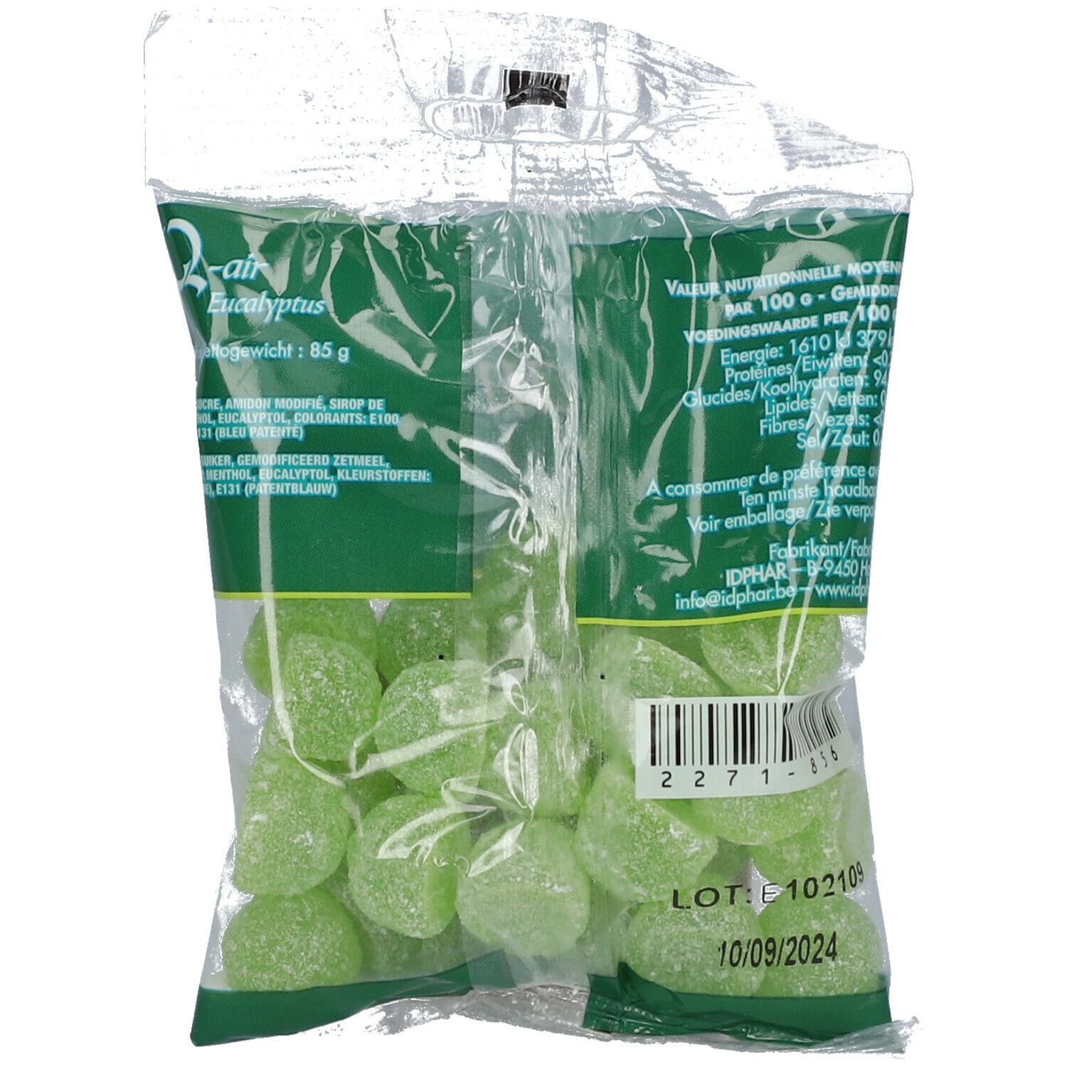 Dos du sachet de bonbons Q-air Eucalyptus. Visible : nom du produit, ingrédients, informations nutritionnelles, numéro de lot.