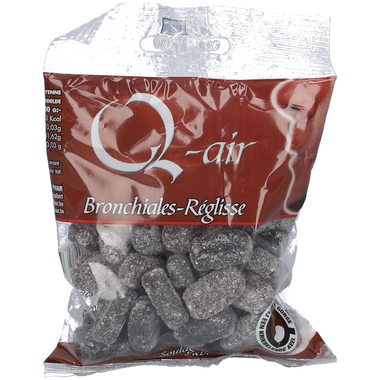 Sachet de bonbons sombres et irréguliers. Inscription: Q-air Bronchiales-Réglisse.