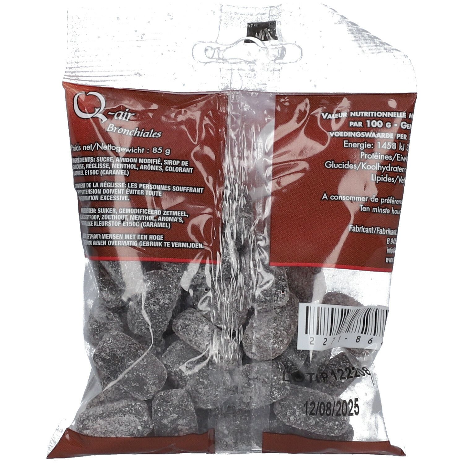 Dos d'un sachet de bonbons sombres. Texte: Q-air Bronchiales, informations nutritionnelles, liste des ingrédients.