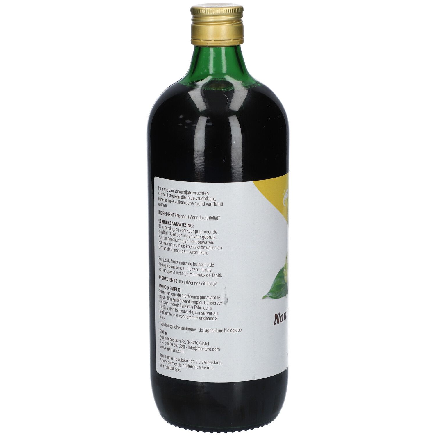 Rückansicht der Glasflasche. Etikett mit Text in mehreren Sprachen. Goldener Verschluss.