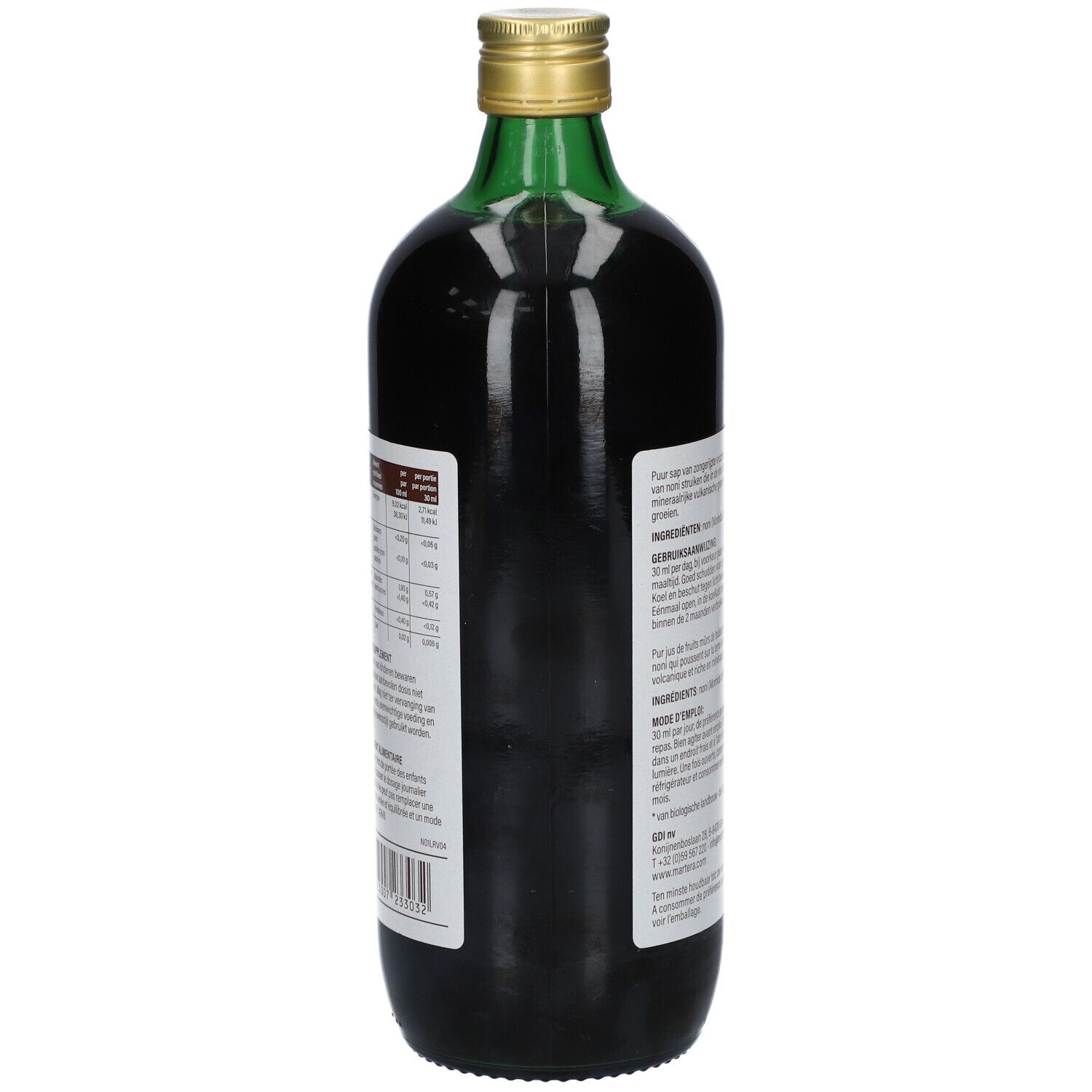 Rückansicht der Glasflasche. Etikett mit Nährwertangaben und Text in mehreren Sprachen. Goldener Verschluss.