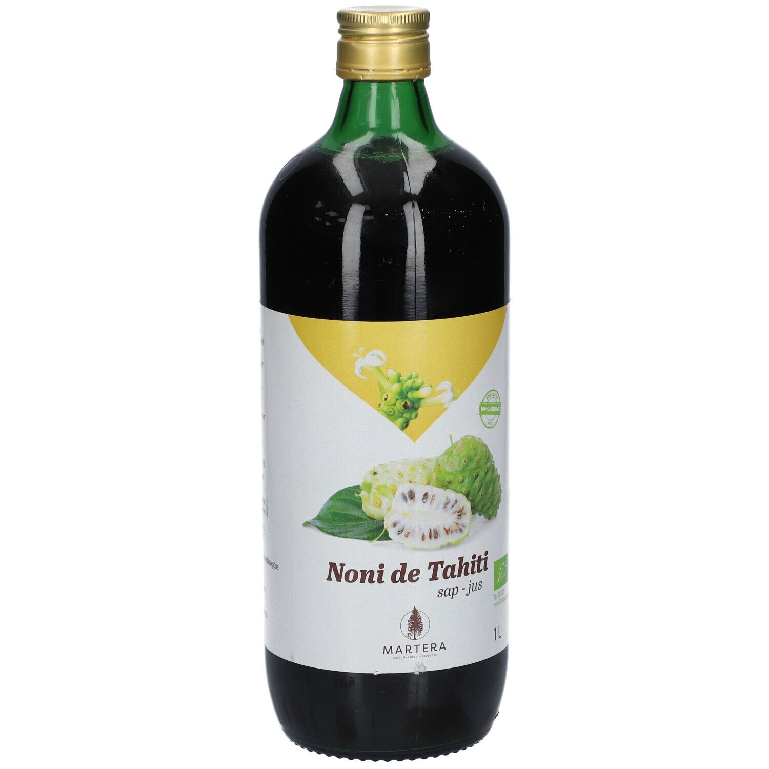 Glasflasche mit Etikett. Aufschrift: Noni de Tahiti, sap-jus, Martera. Bio-Siegel. 1L.