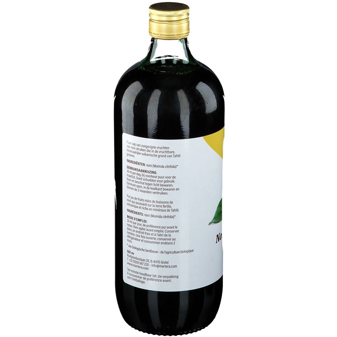 Rückansicht der Glasflasche. Etikett mit Text in mehreren Sprachen. Goldener Verschluss.
