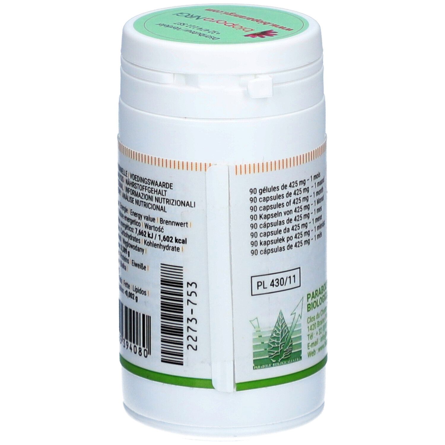 Witte pot met etiket. Tekst: 'PARA MILLEPERTUIS'. Informatie over ingrediënten en voedingswaarde.