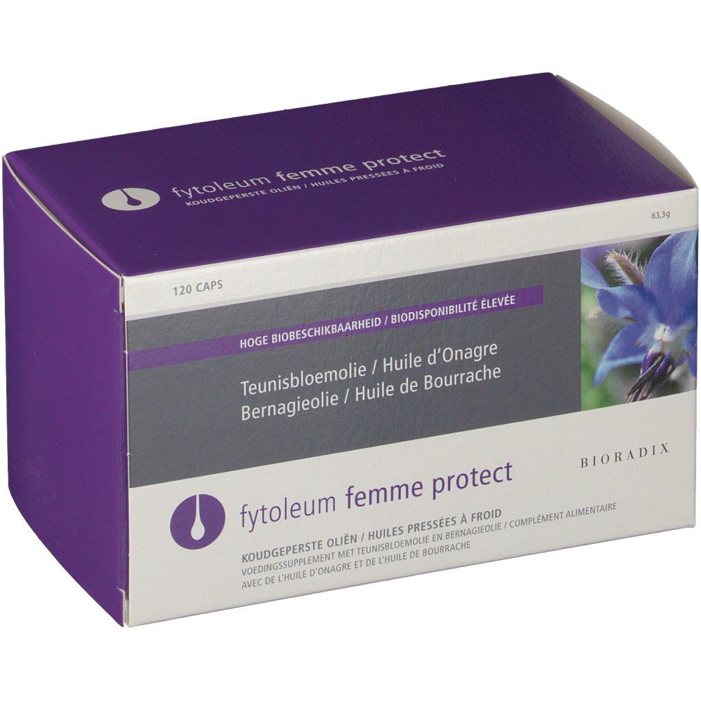 Boîte en carton avec nom du produit et motif floral. Texte multilingue. Contient 120 capsules.