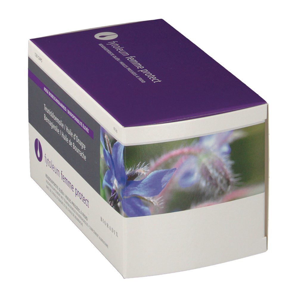 Boîte en carton, couvercle violet, corps blanc. Nom du produit et fond floral. Texte multilingue.