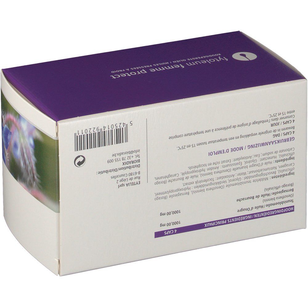 Boîte en carton avec informations produit et ingrédients. Texte multilingue. Fond floral.