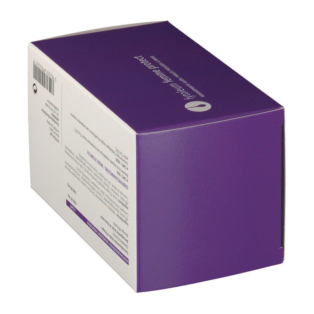 Boîte en carton, couvercle violet, corps blanc. Nom du produit et texte. Texte multilingue.
