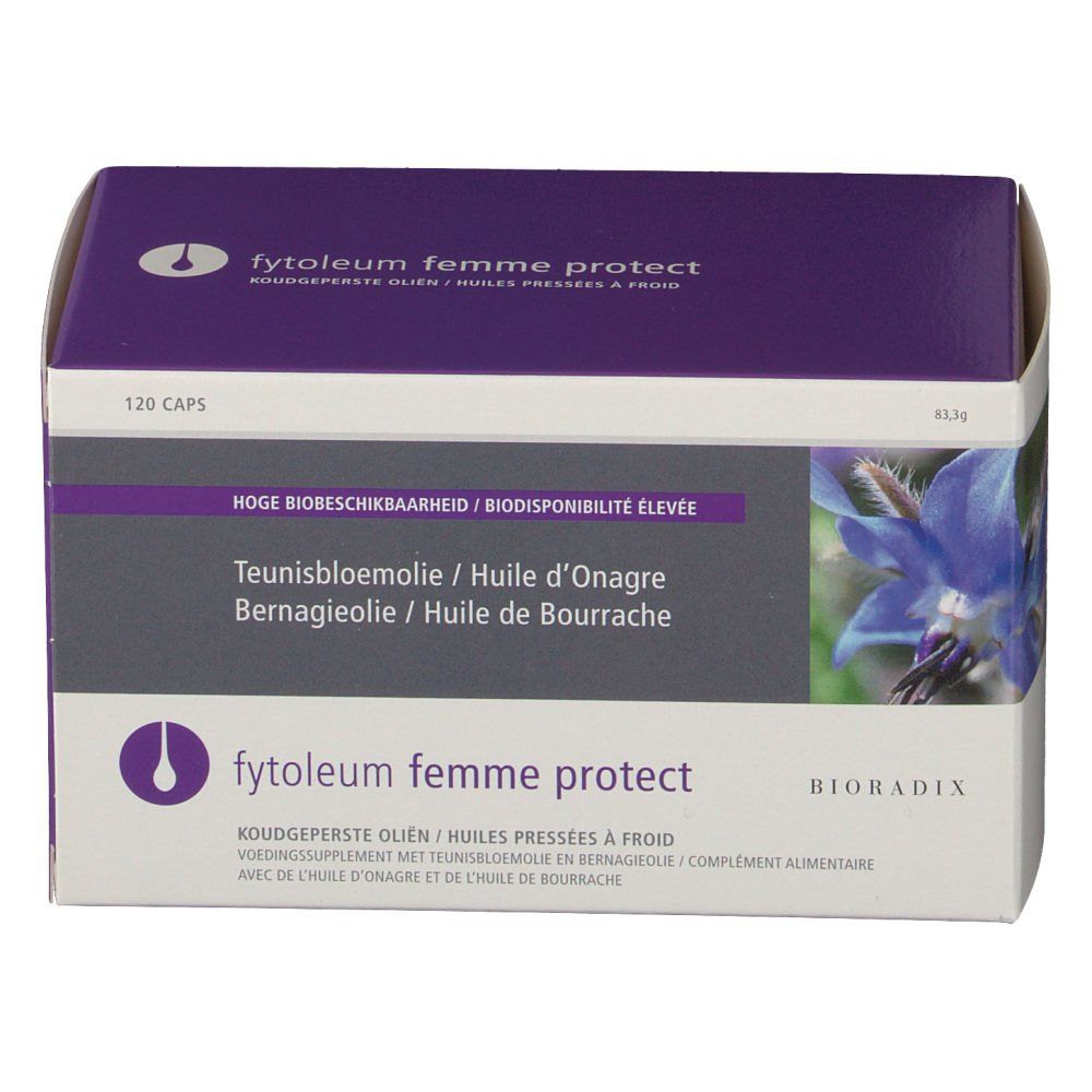 Boîte en carton avec nom du produit et motif floral. Texte multilingue. Contient 120 capsules.