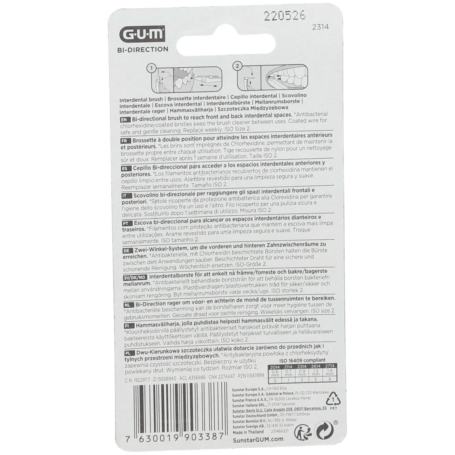 Dos de l'emballage GUM Bi-Direction Interdent. Informations produit et exemples d'utilisation. Code-barres et informations fabricant.