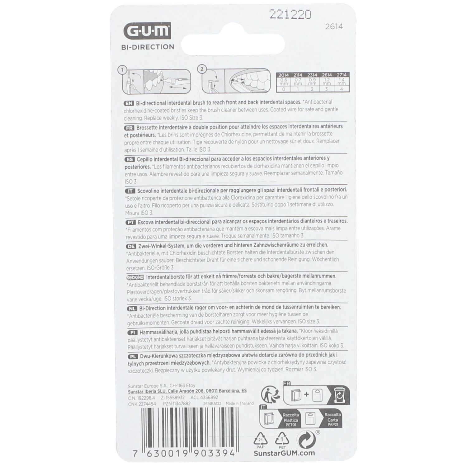 Rückseite der GUM Bi-Direction Interdentalbürsten-Verpackung. Text in mehreren Sprachen. ISO-Größe 3. Recycling-Symbole.