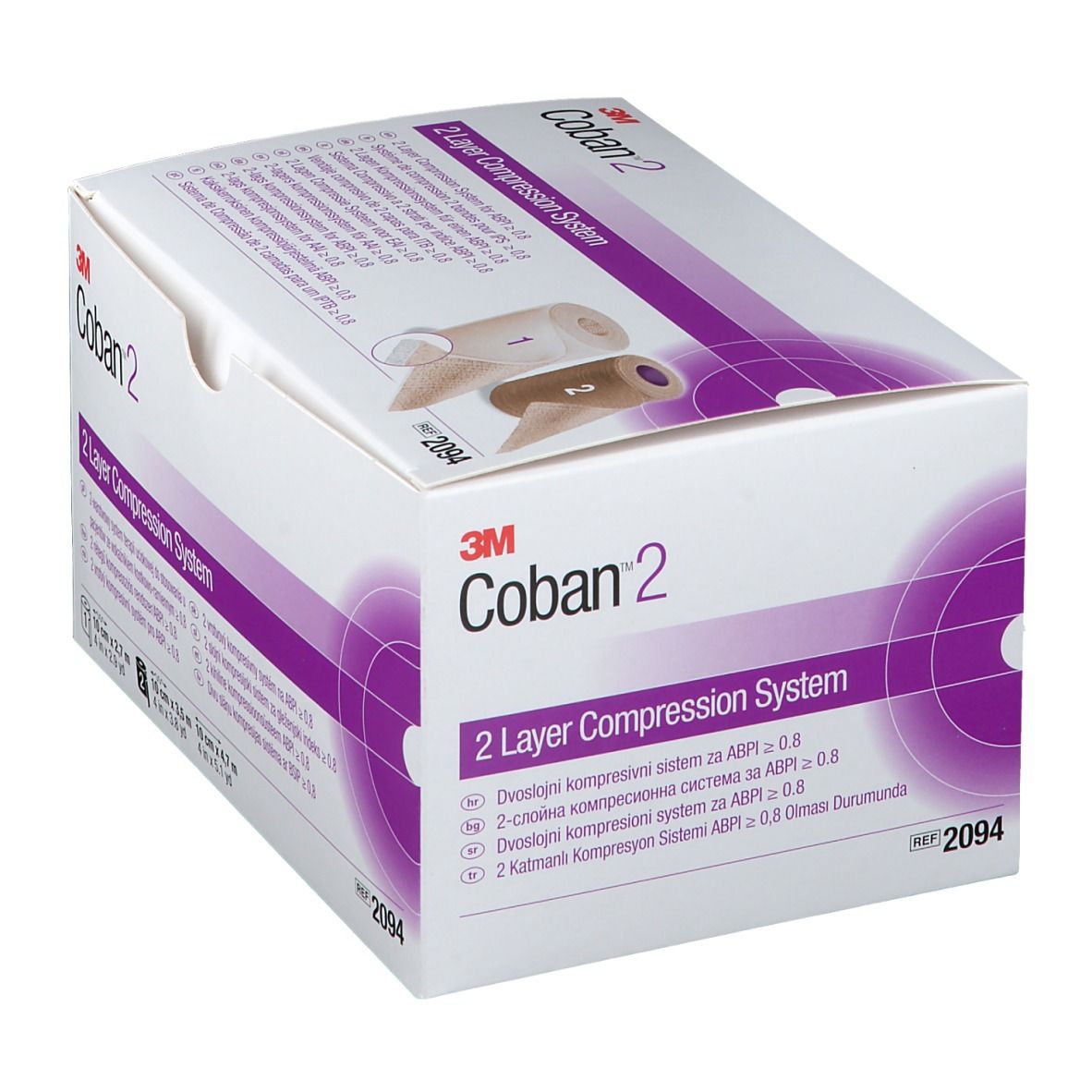 Boîte de 3M™ Coban™ 2. Inscription : 2 Layer Compression System. Illustration de deux bandages compressifs. Blanc, violet et beige.