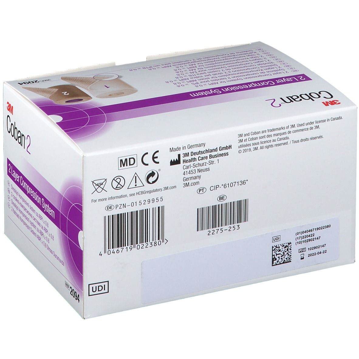 Dos de la boîte de 3M™ Coban™ 2. Inscription : 2 Layer Compression System. Logos et informations. Blanc, violet et beige.