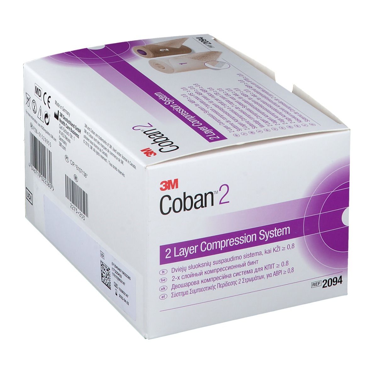 Boîte de 3M™ Coban™ 2. Inscription : 2 Layer Compression System. Logos et informations. Blanc, violet et beige.