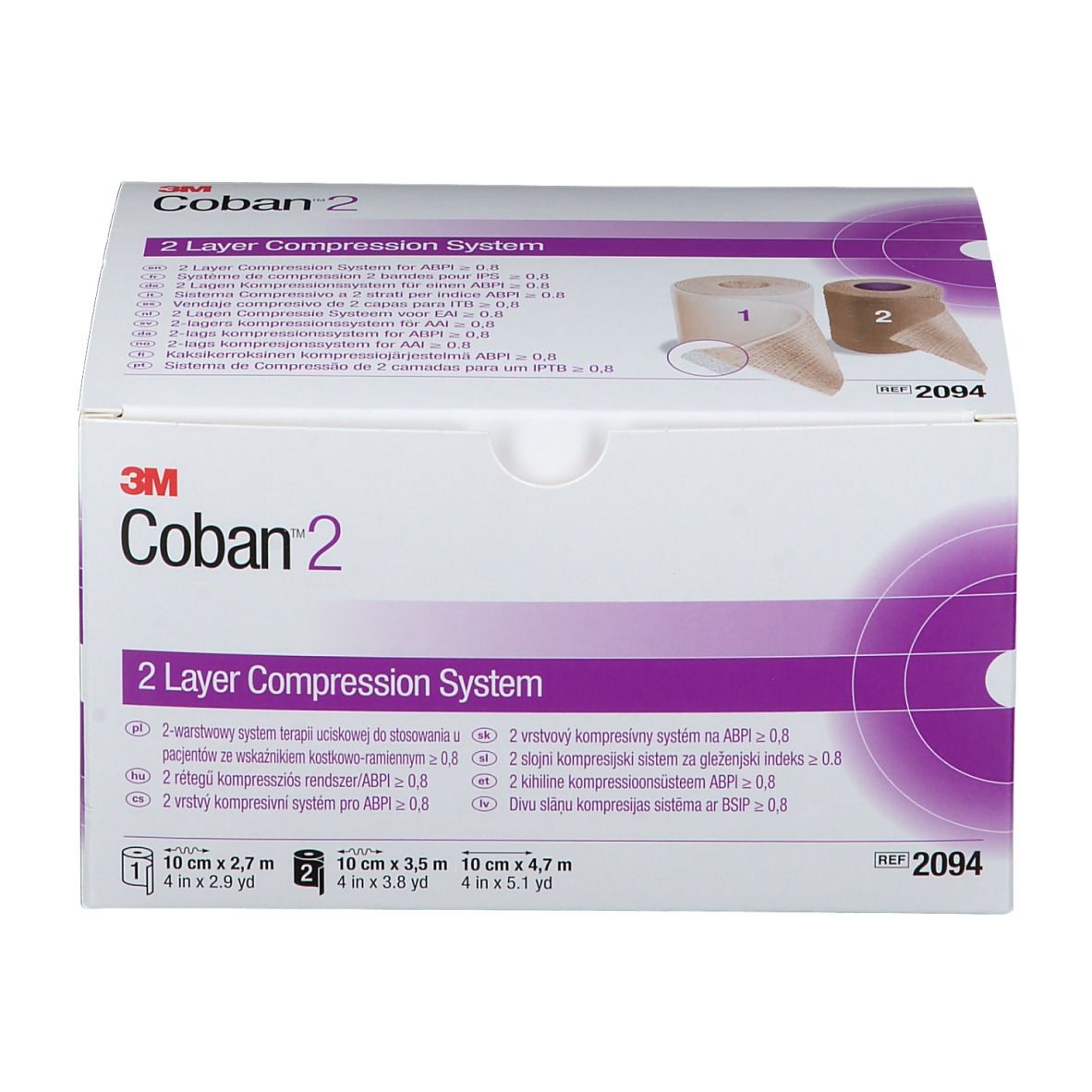 Boîte de 3M™ Coban™ 2. Inscription : 2 Layer Compression System. Illustration de deux bandages compressifs. Blanc, violet et beige.