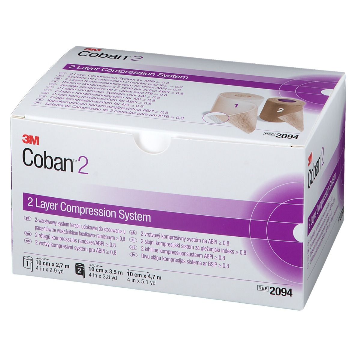 Boîte de 3M™ Coban™ 2. Inscription : 2 Layer Compression System. Illustration de deux bandages compressifs. Blanc, violet et beige.