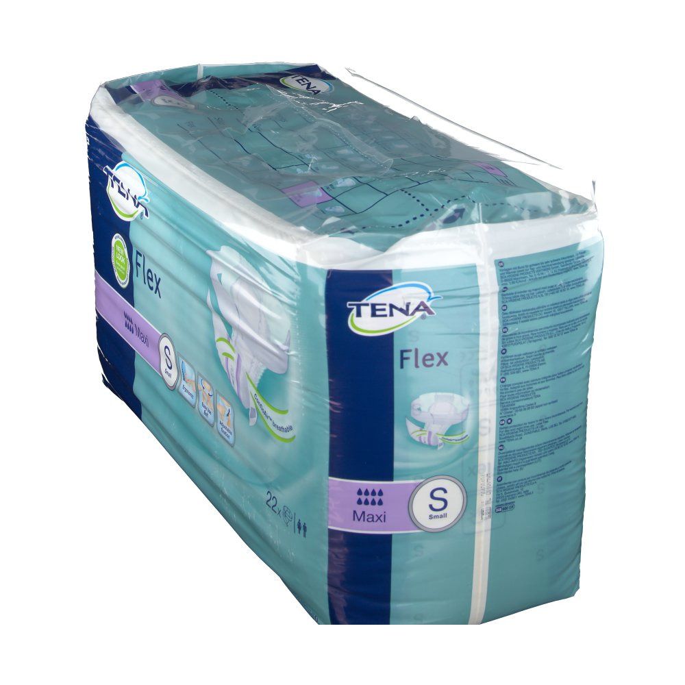 Paquet Tena Flex Maxi S. Emballage bleu et blanc, transparent. Inscription : Tena Flex, S, Maxi. 22 pièces.