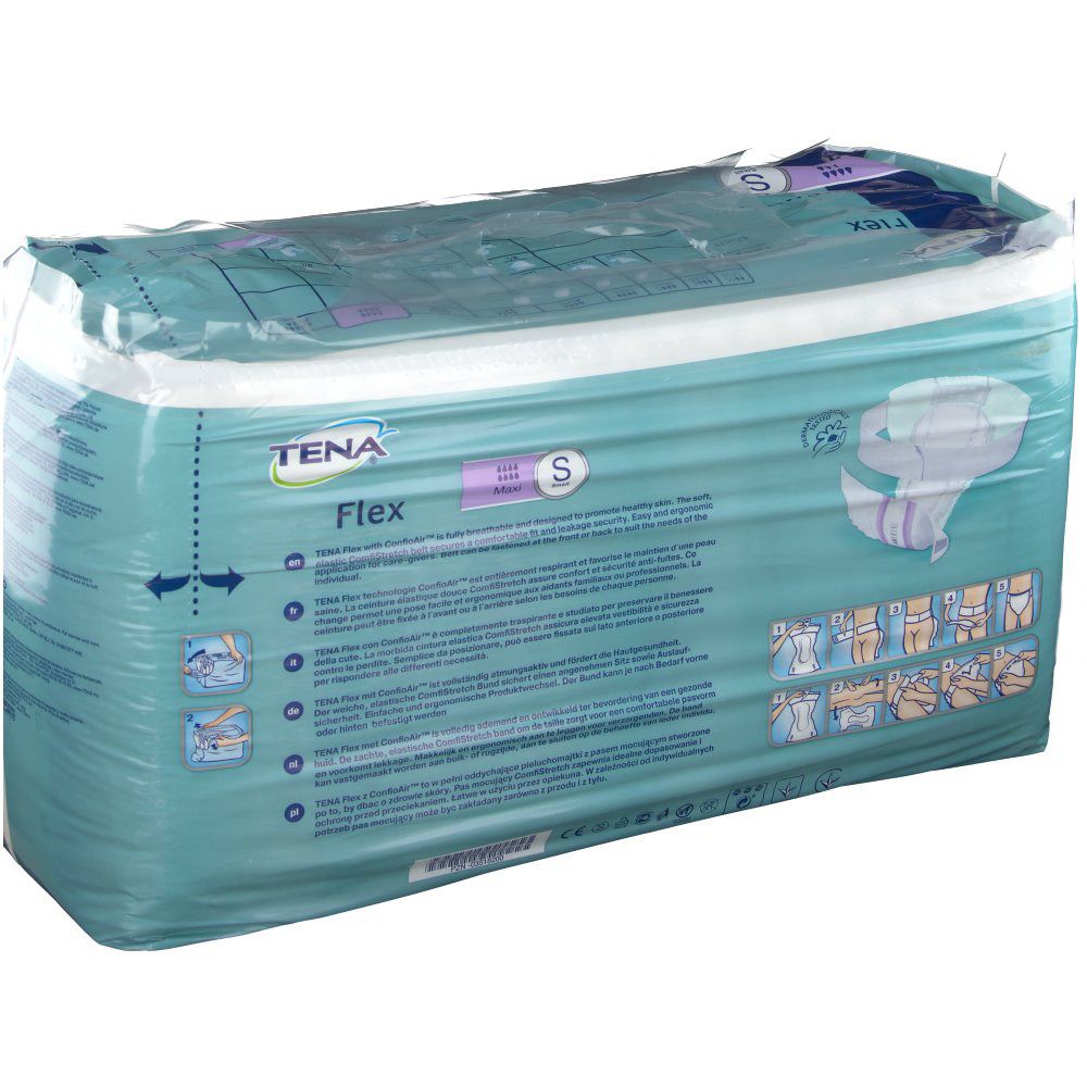 Paquet Tena Flex Maxi S. Emballage bleu et blanc, transparent. Inscription : Tena Flex, S, Maxi. Illustration du produit.