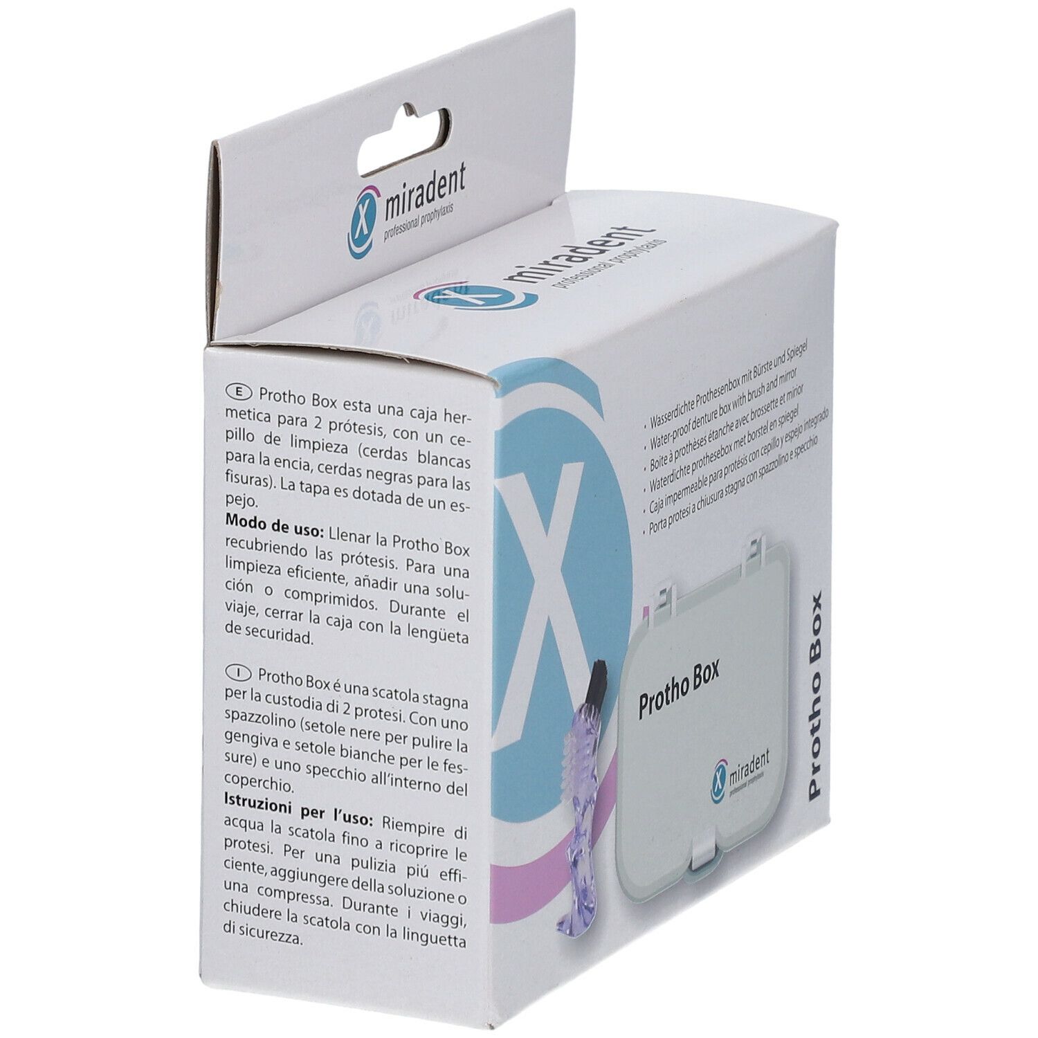 Box mit "Protho Box" Aufdruck. Enthält eine Zahnbürste und einen Spiegel. Marke: miradent.