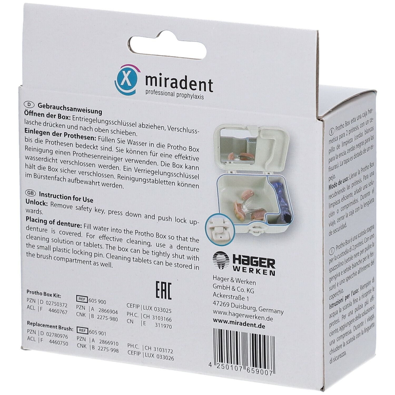 Rückseite der Box mit Produktinformationen. Enthält eine Abbildung des Produkts und Informationen zur Anwendung.