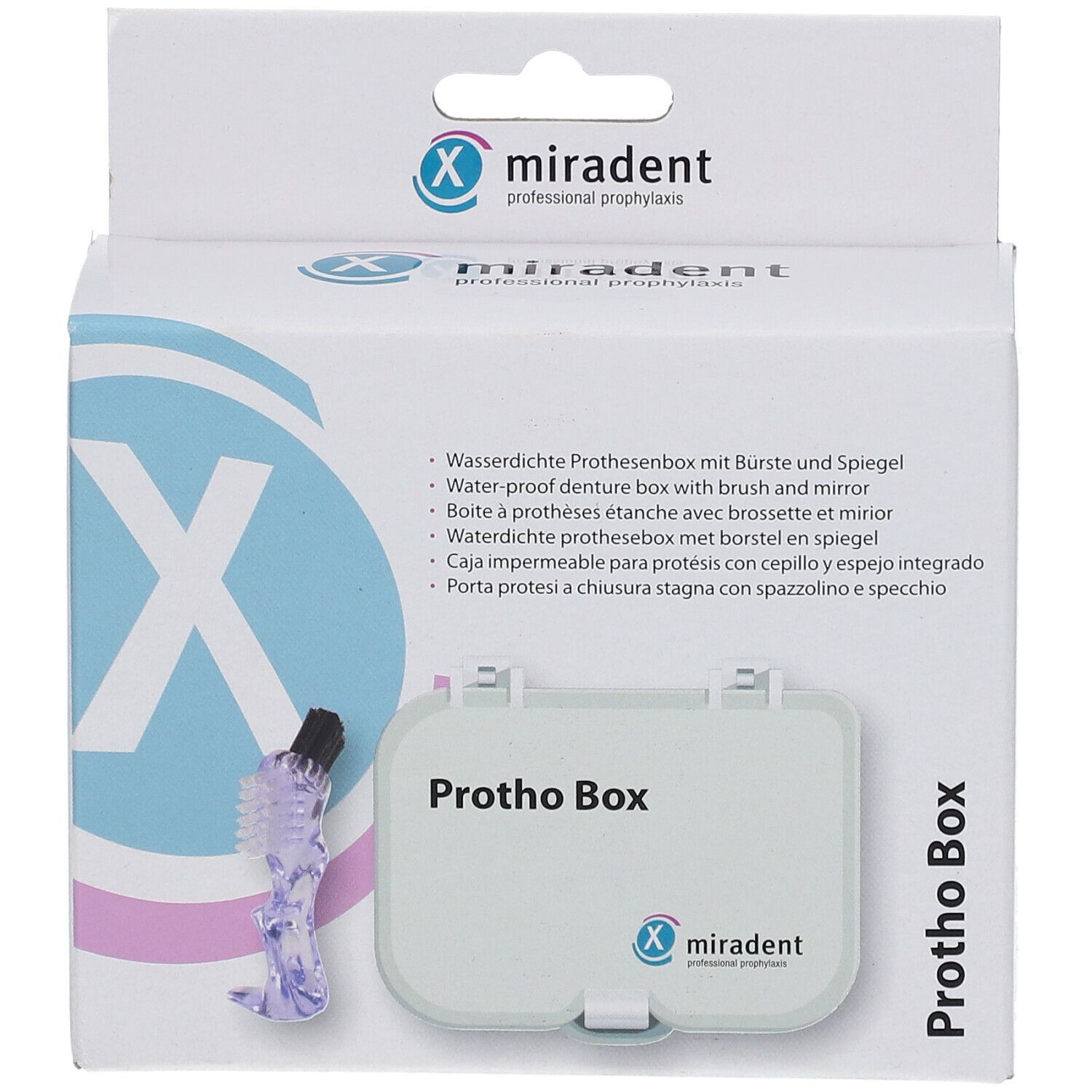 Weiße Box mit "Protho Box" Aufdruck. Enthält eine Zahnbürste und einen Spiegel. Marke: miradent.