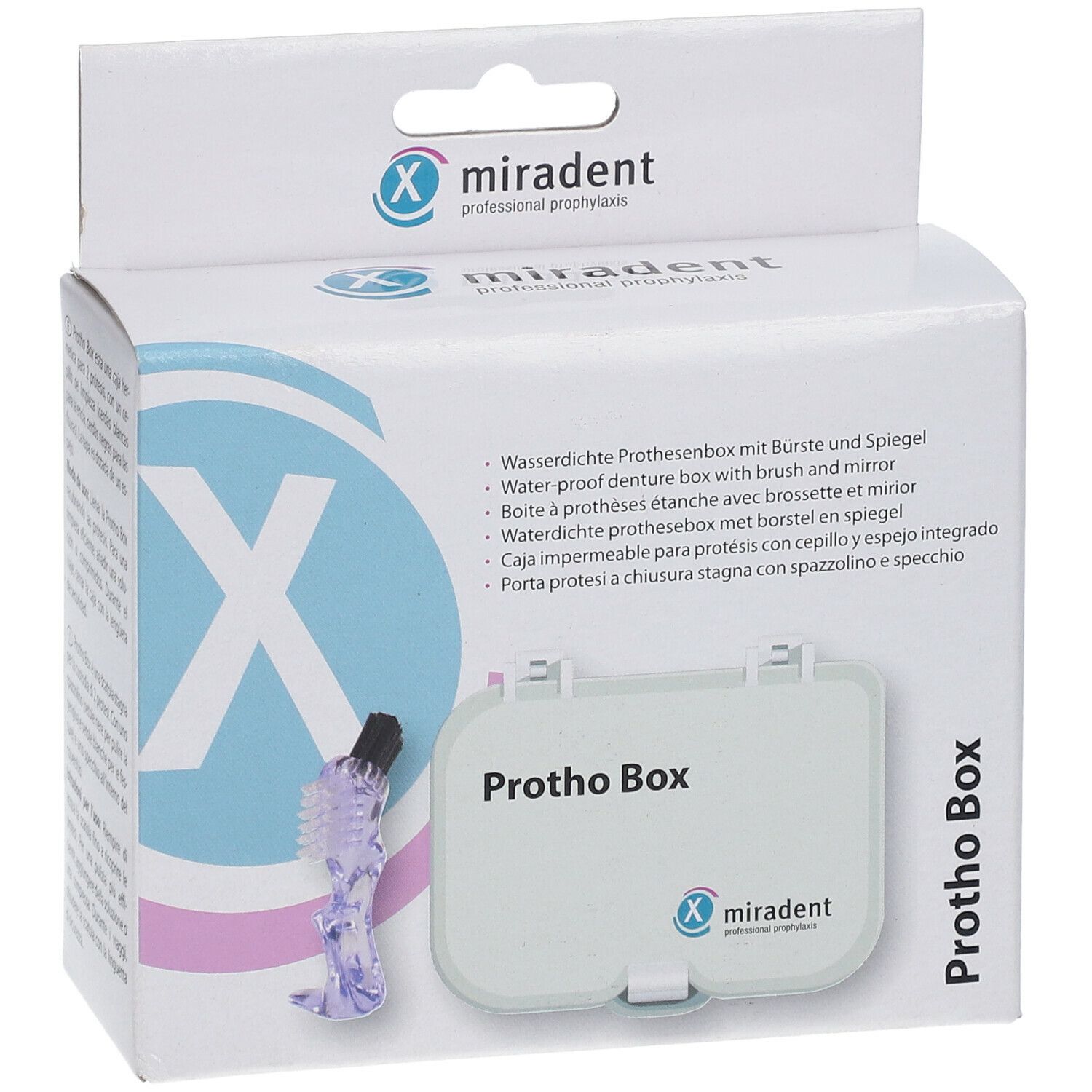 Weiße Box mit "Protho Box" Aufdruck. Enthält eine Zahnbürste und einen Spiegel. Marke: miradent.