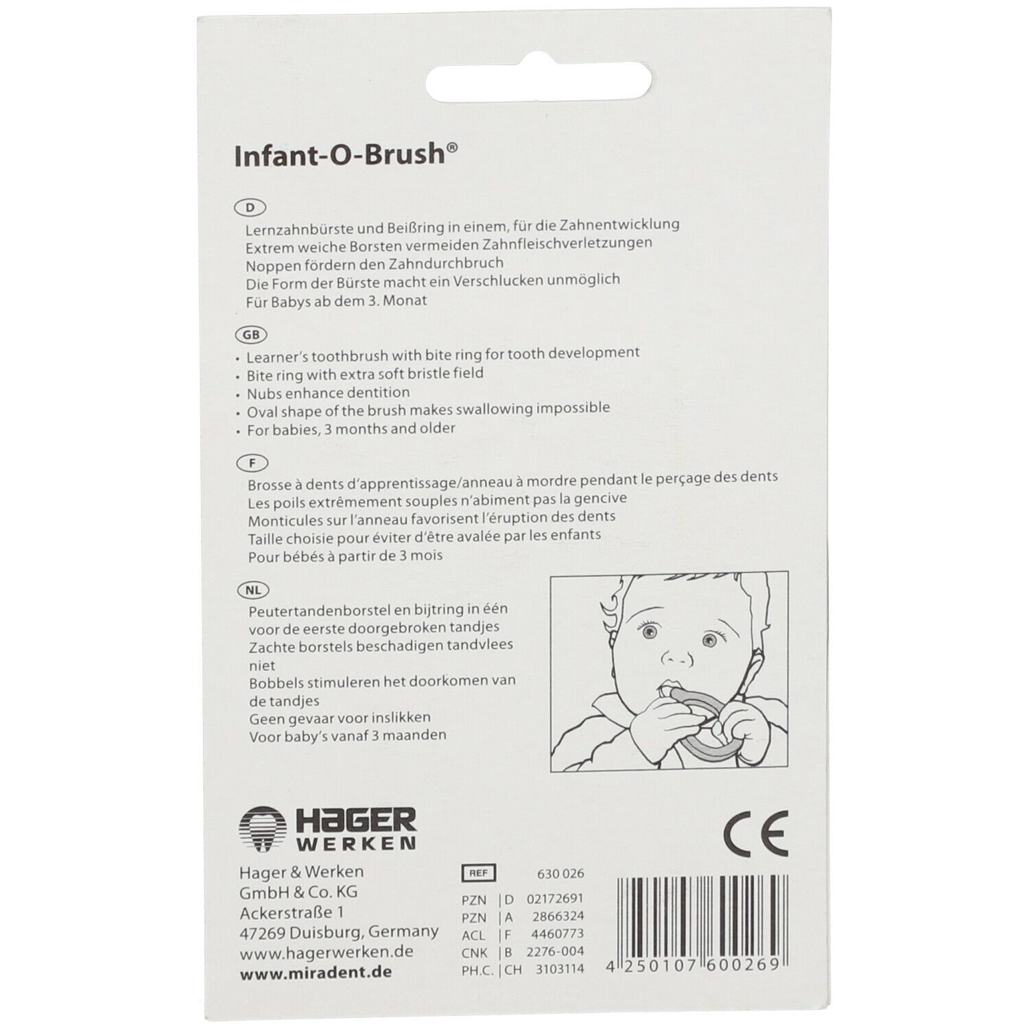 Dos de l'emballage. Texte en allemand, anglais, français et néerlandais. Illustration d'un bébé. Marquage CE.