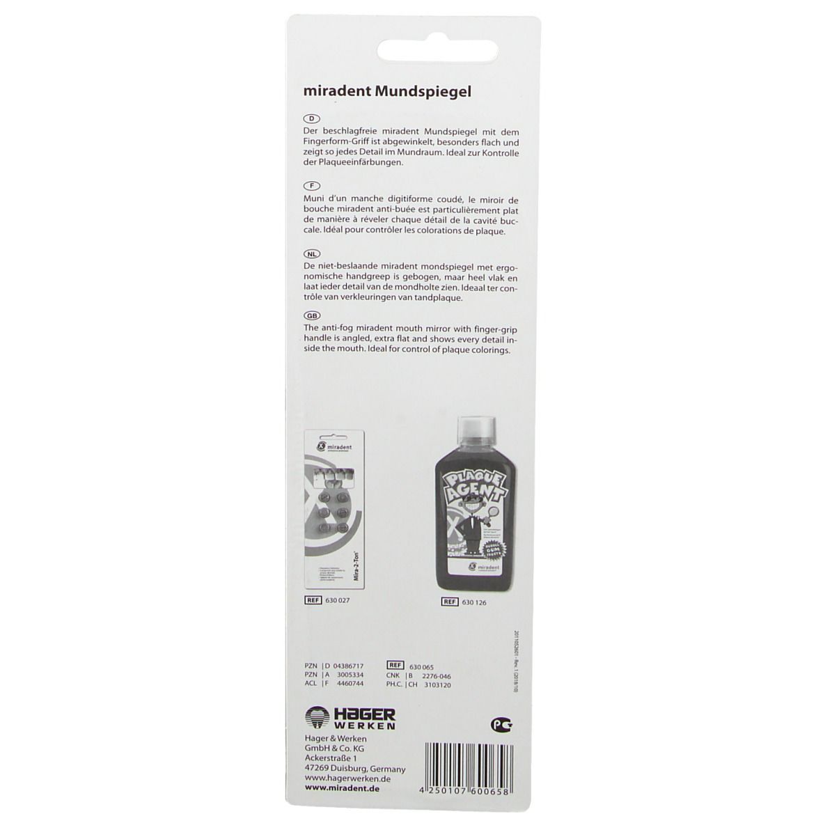 Rückseite der Miradent Mundspiegel Verpackung. Text, Abbildungen, Produktabbildung und Flasche.