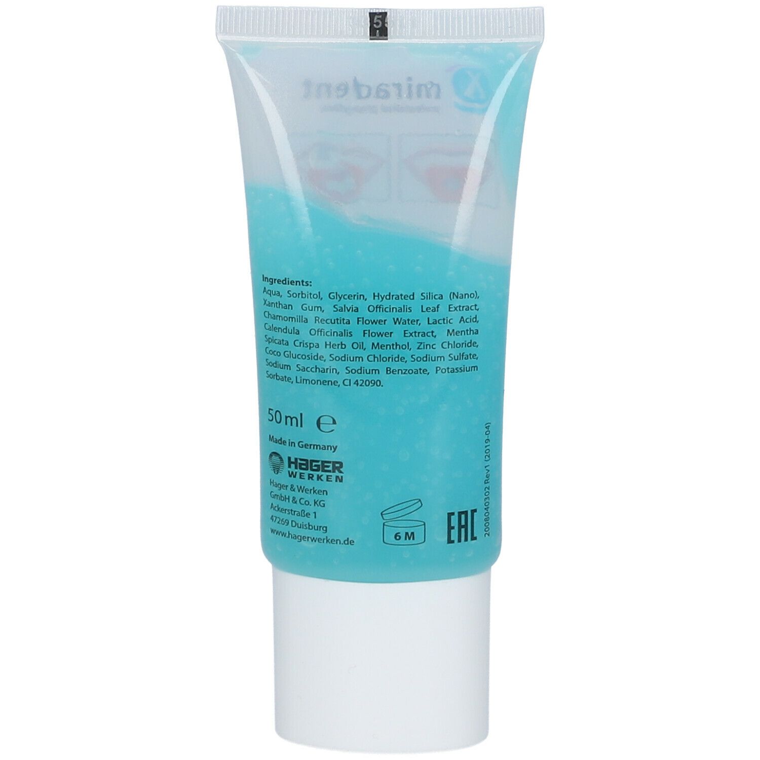 Rückseite einer Tube mit blauem Gel. Inhaltsstoffe und Herstellerangaben. 50ml.